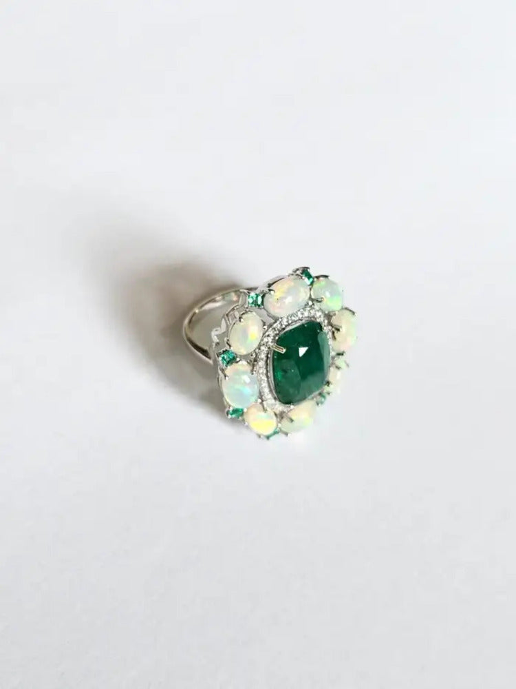 18k White Gold Diamond Ring - Natural Zambian Emerald & Ethiopian Opal Cocktail Ring