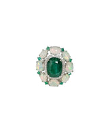18k White Gold Diamond Ring - Natural Zambian Emerald & Ethiopian Opal Cocktail Ring