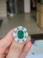 18k White Gold Diamond Ring - Natural Zambian Emerald & Ethiopian Opal Cocktail Ring