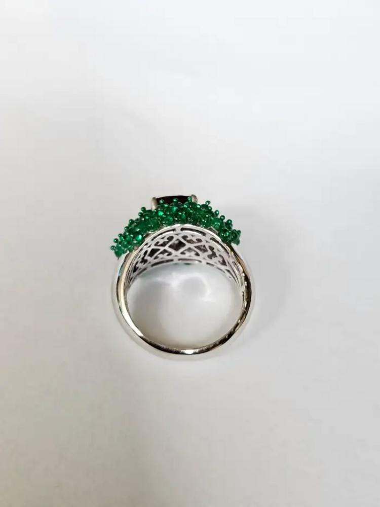 Natural Tourmaline & Emerald Cocktail Ring - 18k White Gold Ring