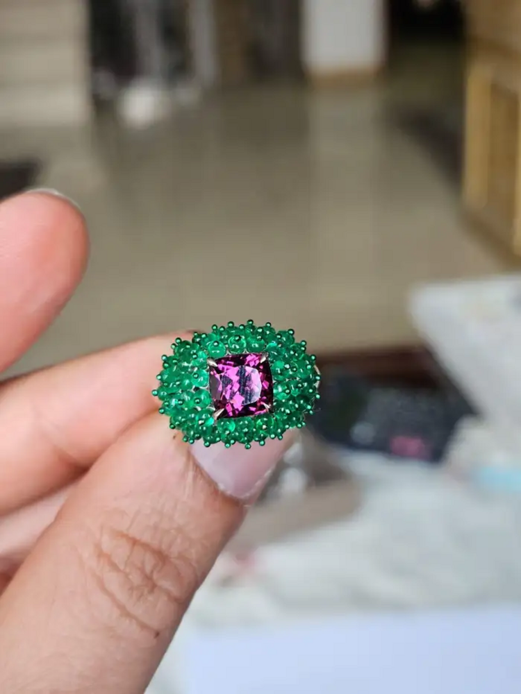 Natural Tourmaline & Emerald Cocktail Ring - 18k White Gold Ring