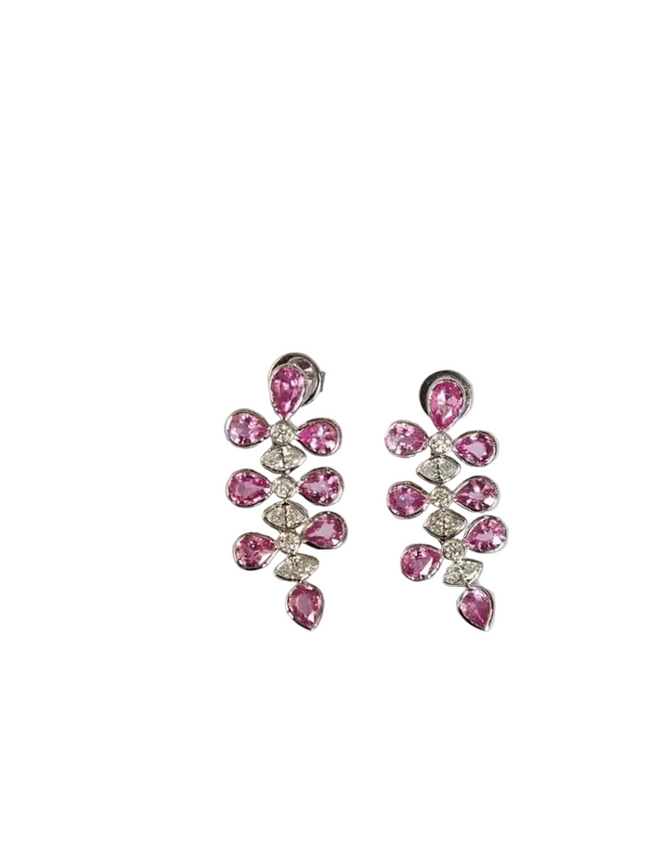 18k White Gold Diamond Dangle Earrings - Natural Pink Sapphire Earrings Hover Image