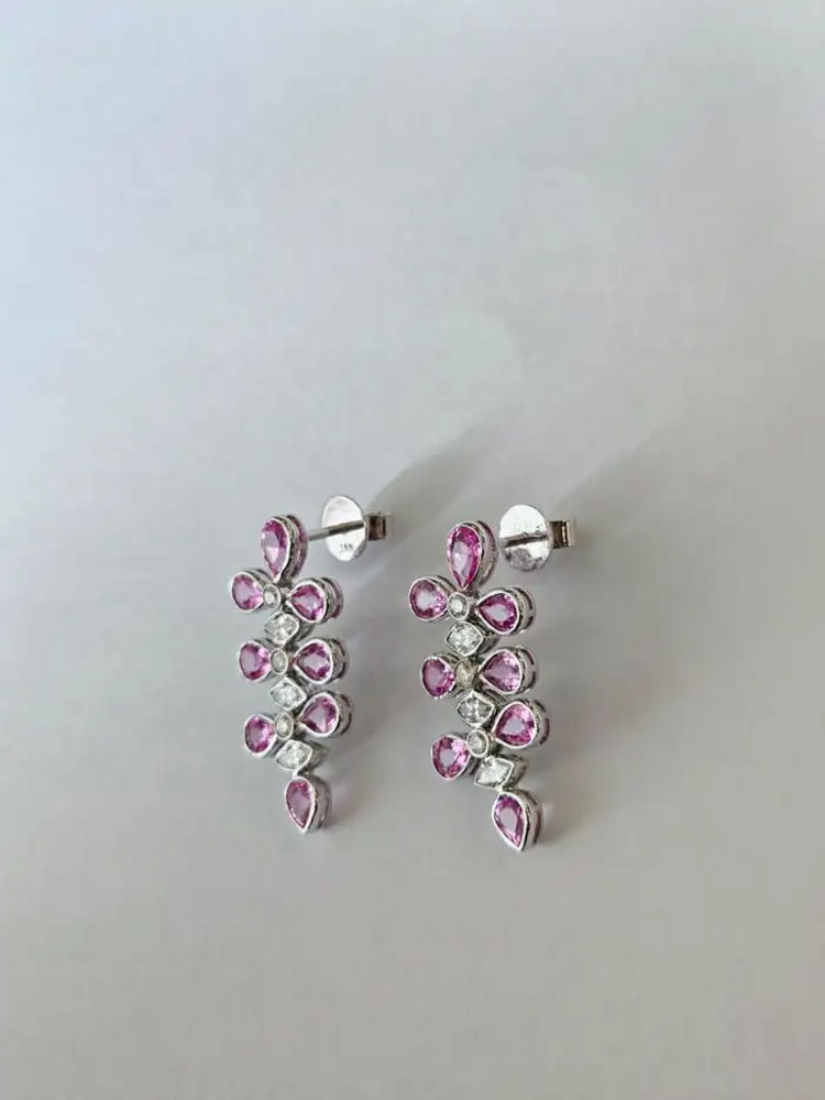 18k White Gold Diamond Dangle Earrings - Natural Pink Sapphire Earrings