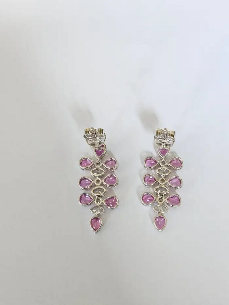 18k White Gold Diamond Dangle Earrings - Natural Pink Sapphire Earrings