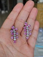 18k White Gold Diamond Dangle Earrings - Natural Pink Sapphire Earrings