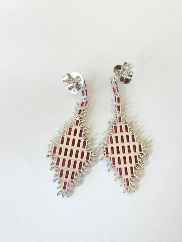 Natural Mozambique Ruby Handmade Earrings - 18k White Gold Diamond Dangle Earrings