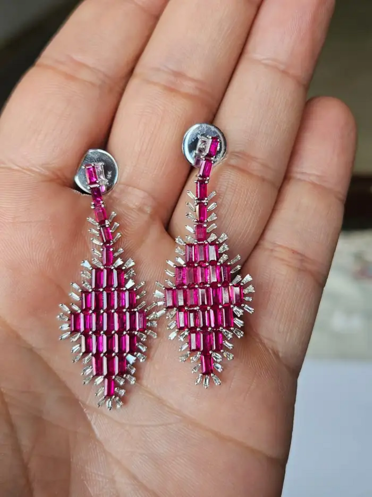 Natural Mozambique Ruby Handmade Earrings - 18k White Gold Diamond Dangle Earrings