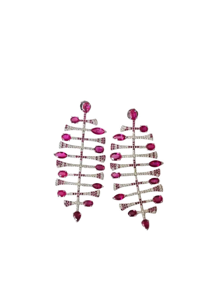 18k White Gold Diamond Dangle Earrings - Natural Ruby Gemstone Chandelier Earrings