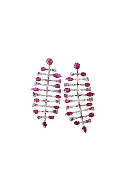 18k White Gold Diamond Dangle Earrings - Natural Ruby Gemstone Chandelier Earrings