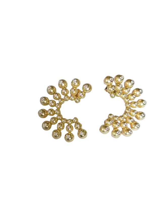 Golden Pearls Hoop Earrings - 18k Yellow Gold Diamond Handmade Earrings Hover Image