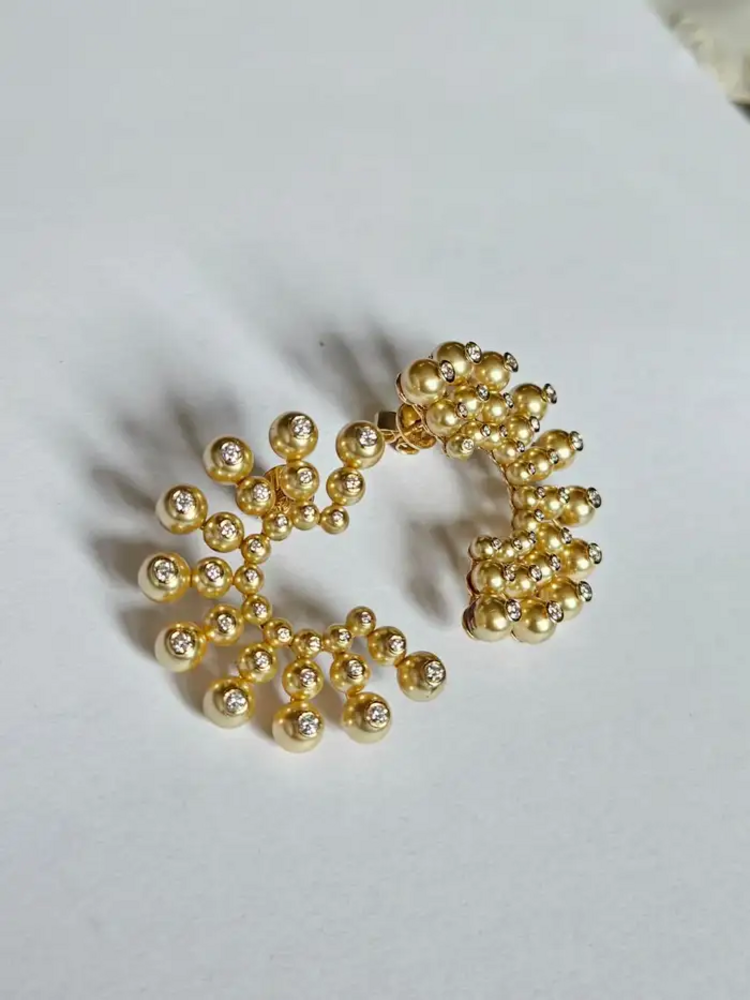 Golden Pearls Hoop Earrings - 18k Yellow Gold Diamond Handmade Earrings