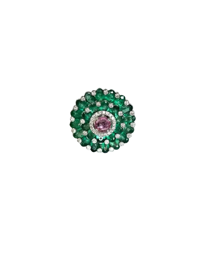 Pink Sapphire & Zambian Emerald Cocktail Ring - 18k White Gold Diamond Ring Hover Image