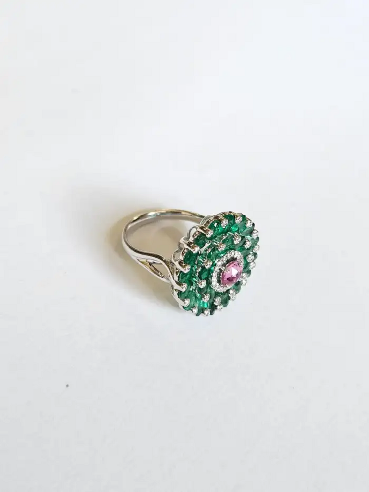 Pink Sapphire & Zambian Emerald Cocktail Ring - 18k White Gold Diamond Ring