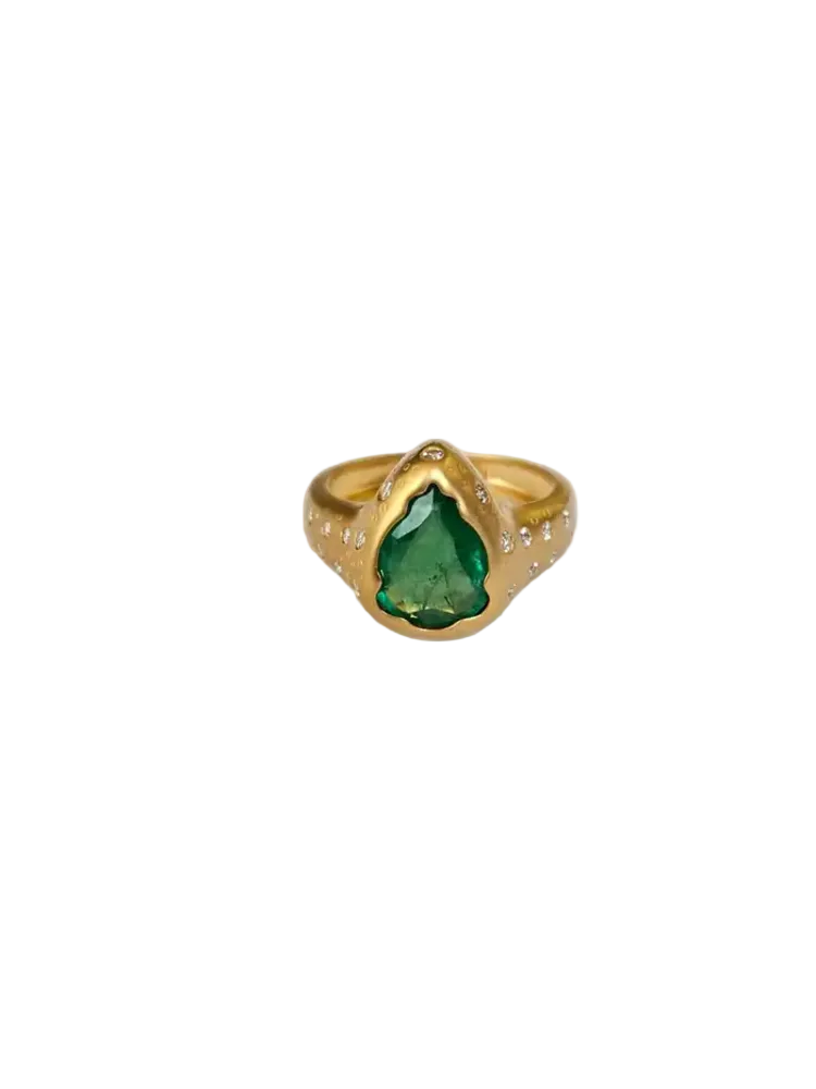 18k Yellow Matte Gold Ring - Natural Zambian Emerald & Diamond Ring