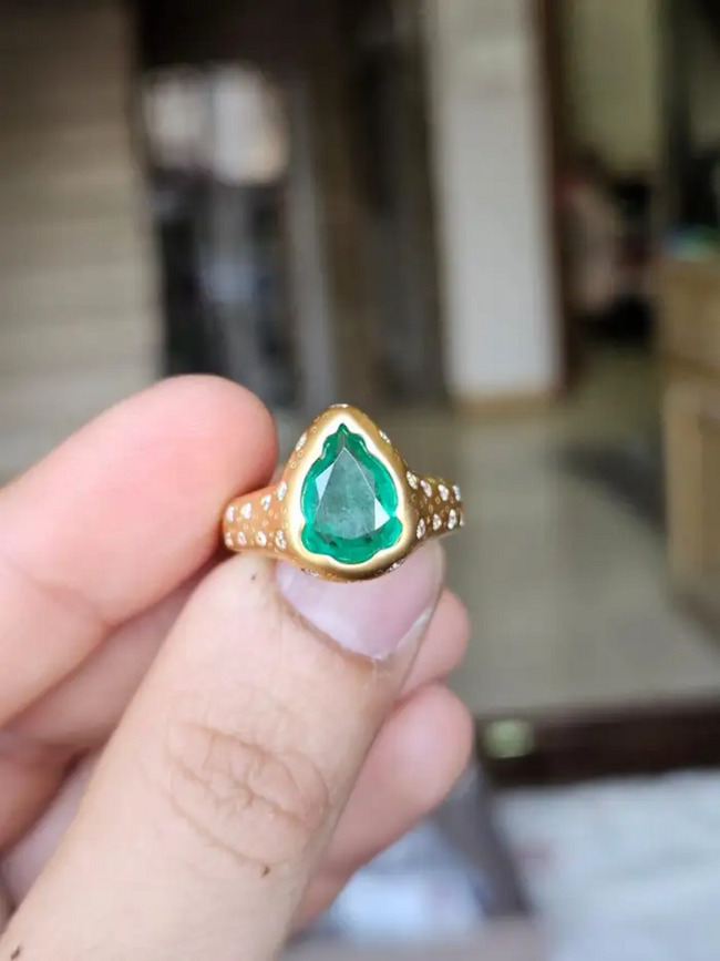 18k Yellow Matte Gold Ring - Natural Zambian Emerald & Diamond Ring Main Image