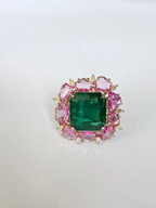 18k Two Tone Gold Ring - Natural Zambian Emerald, Pink Sapphire & Diamond Cocktail Ring