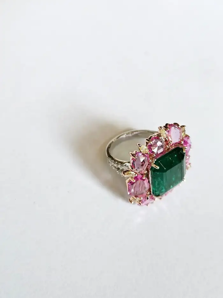 18k Two Tone Gold Ring - Natural Zambian Emerald, Pink Sapphire & Diamond Cocktail Ring