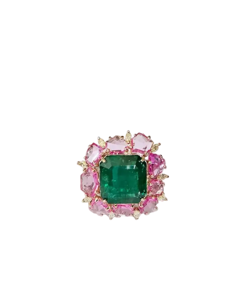 18k Two Tone Gold Ring - Natural Zambian Emerald, Pink Sapphire & Diamond Cocktail Ring