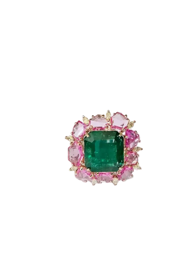 18k Two Tone Gold Ring - Natural Zambian Emerald, Pink Sapphire & Diamond Cocktail Ring Hover Image