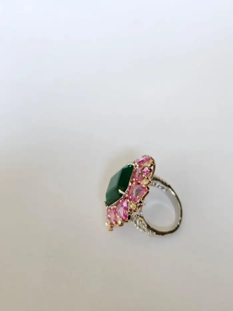 18k Two Tone Gold Ring - Natural Zambian Emerald, Pink Sapphire & Diamond Cocktail Ring