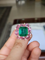 18k Two Tone Gold Ring - Natural Zambian Emerald, Pink Sapphire & Diamond Cocktail Ring