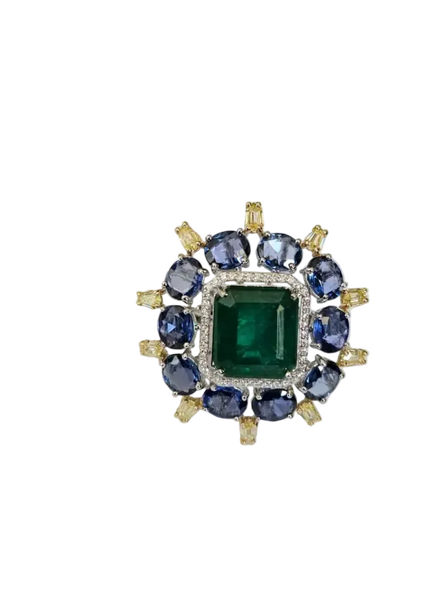 Natural Zambian Emerald & Blue Sapphire Cocktail Ring - 18k White Gold Yellow Diamond Ring Hover Image