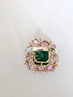 18k Two Tone Gold Ring - Natural Zambian Emerald, Pink Sapphire & Diamond Cocktail Ring