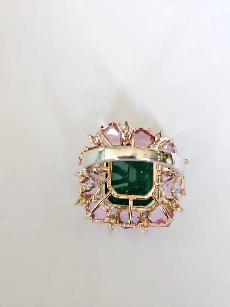 18k Two Tone Gold Ring - Natural Zambian Emerald, Pink Sapphire & Diamond Cocktail Ring