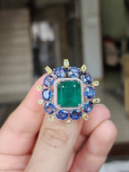 Natural Zambian Emerald & Blue Sapphire Cocktail Ring - 18k White Gold Yellow Diamond Ring