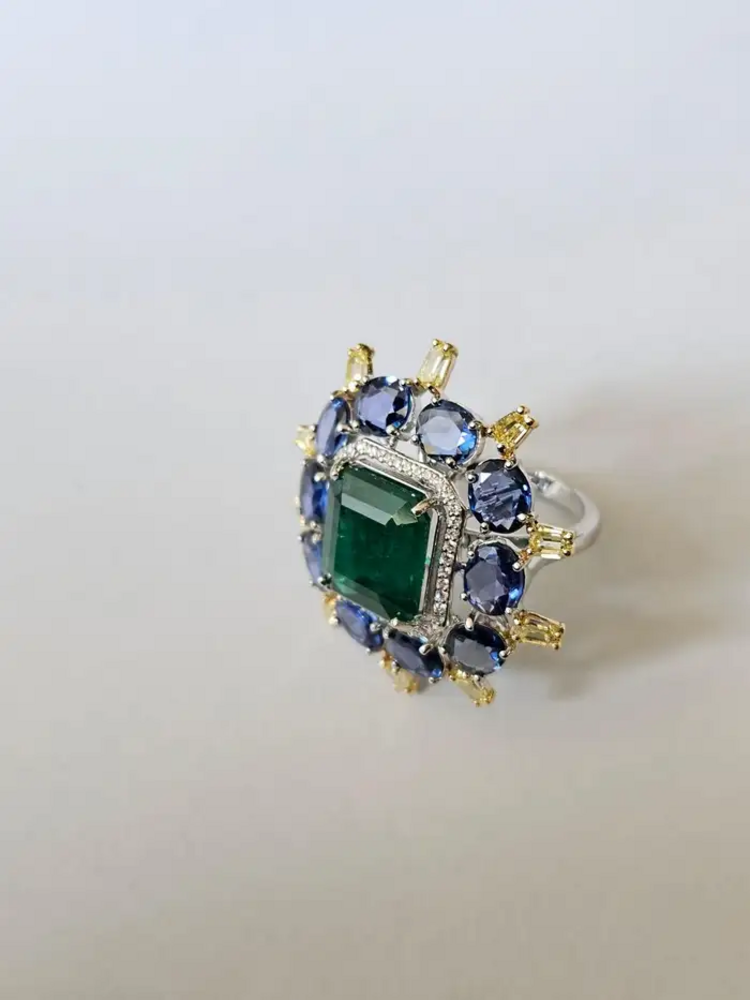 Natural Zambian Emerald & Blue Sapphire Cocktail Ring - 18k White Gold Yellow Diamond Ring