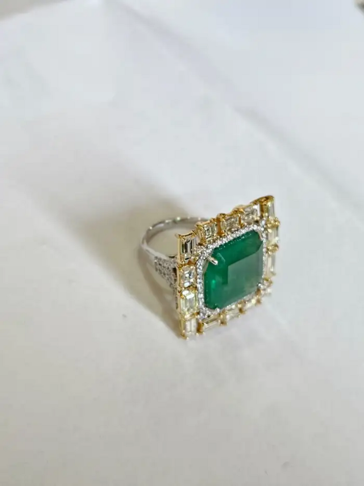 18k White Gold & Yellow Diamond Wedding Ring - Natural 13.56 Ct. Zambian Emerald Ring