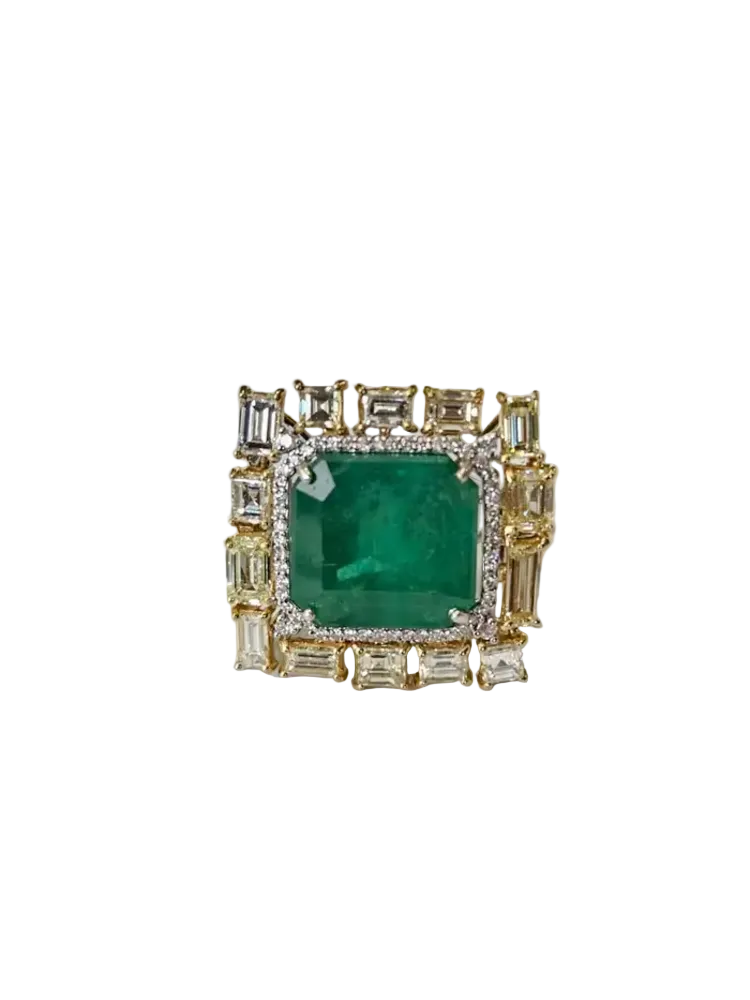 18k White Gold & Yellow Diamond Wedding Ring - Natural 13.56 Ct. Zambian Emerald Ring
