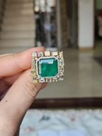 18k White Gold & Yellow Diamond Wedding Ring - Natural 13.56 Ct. Zambian Emerald Ring