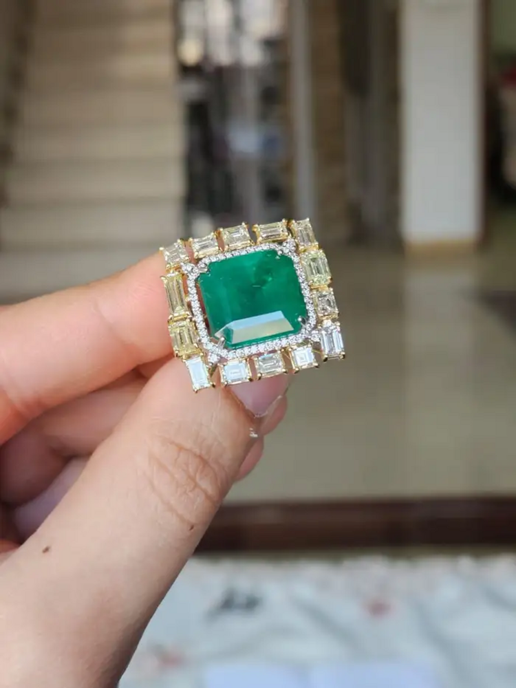 18k White Gold & Yellow Diamond Wedding Ring - Natural 13.56 Ct. Zambian Emerald Ring