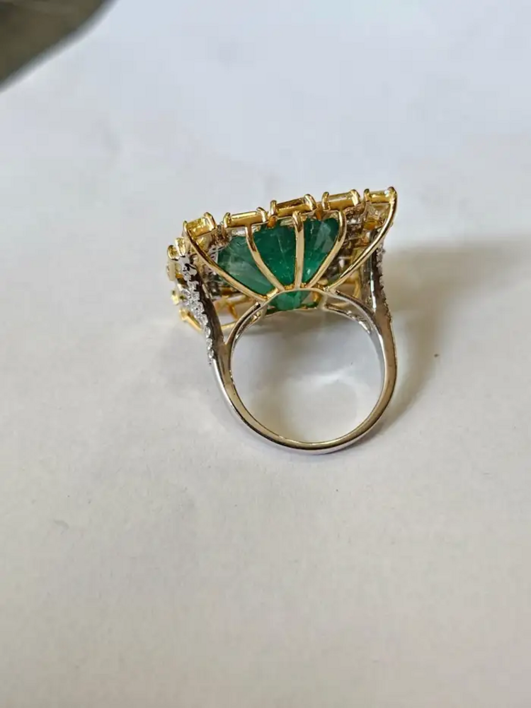 18k White Gold & Yellow Diamond Wedding Ring - Natural 13.56 Ct. Zambian Emerald Ring