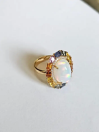 18k Yellow Gold Diamond Ring - Natural Multi Sapphire & Ethiopian Opal Wedding Ring
