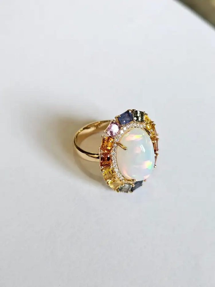 18k Yellow Gold Diamond Ring - Natural Multi Sapphire & Ethiopian Opal Wedding Ring