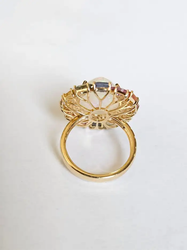 18k Yellow Gold Diamond Ring - Natural Multi Sapphire & Ethiopian Opal Wedding Ring