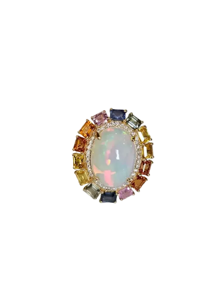 18k Yellow Gold Diamond Ring - Natural Multi Sapphire & Ethiopian Opal Wedding Ring