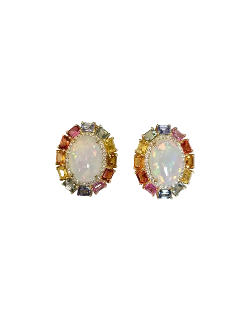 Natural Ethiopian Opal & Multi Sapphire Stud Earrings - 18k Yellow Gold Diamond Earrings