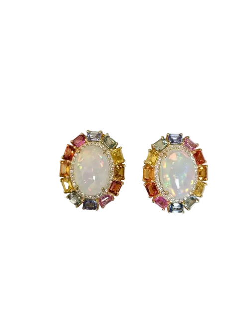 Natural Ethiopian Opal & Multi Sapphire Stud Earrings - 18k Yellow Gold Diamond Earrings