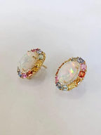 Natural Ethiopian Opal & Multi Sapphire Stud Earrings - 18k Yellow Gold Diamond Earrings