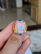 18k Yellow Gold Diamond Ring - Natural Multi Sapphire & Ethiopian Opal Wedding Ring
