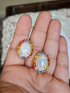 Natural Ethiopian Opal & Multi Sapphire Stud Earrings - 18k Yellow Gold Diamond Earrings