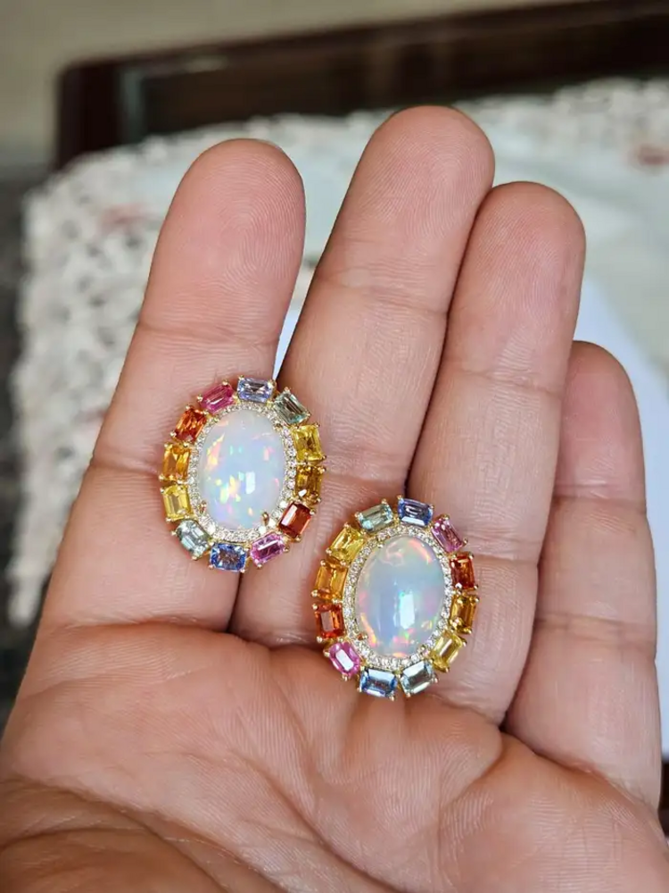 Natural Ethiopian Opal & Multi Sapphire Stud Earrings - 18k Yellow Gold Diamond Earrings