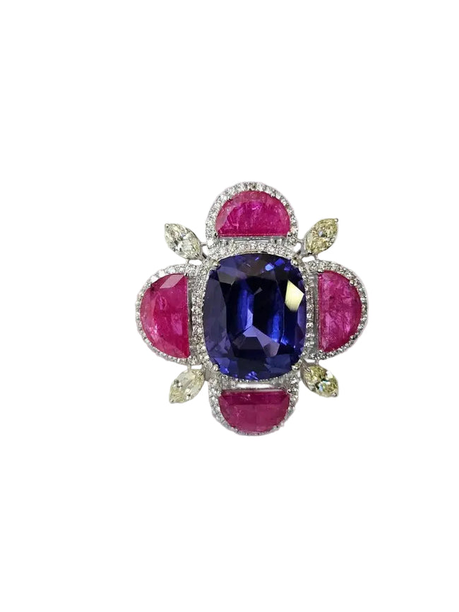 18k White Gold Diamond Cocktail Ring - Natural Tanzanite & Mozambique Ruby Handmade Ring Hover Image