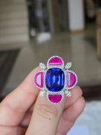 18k White Gold Diamond Cocktail Ring - Natural Tanzanite & Mozambique Ruby Handmade Ring