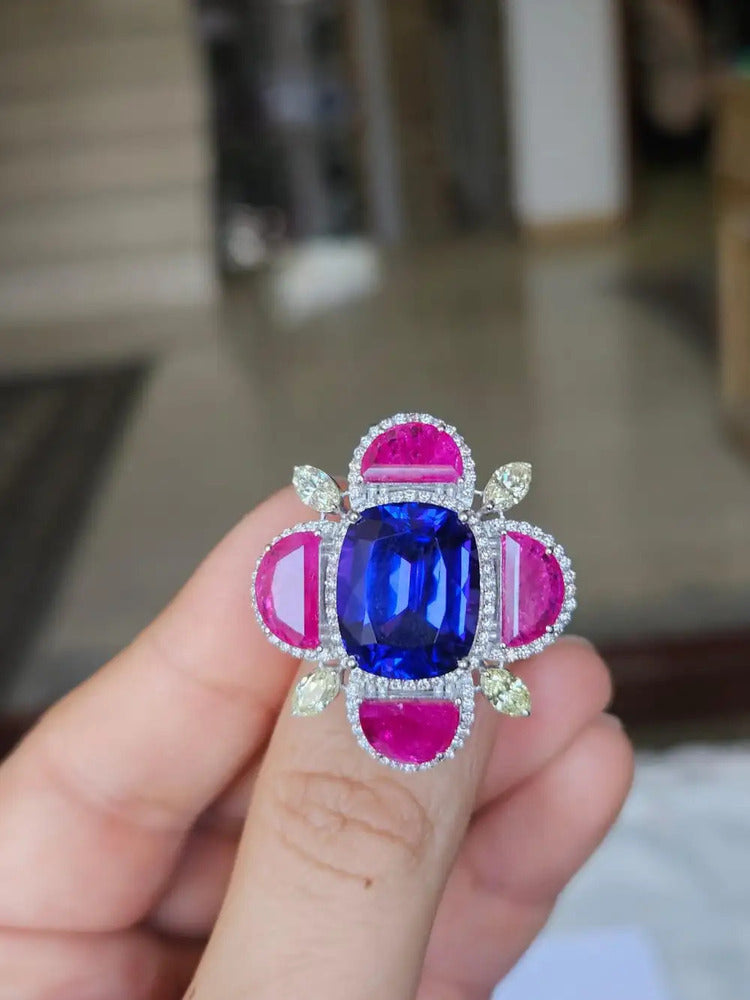 18k White Gold Diamond Cocktail Ring - Natural Tanzanite & Mozambique Ruby Handmade Ring