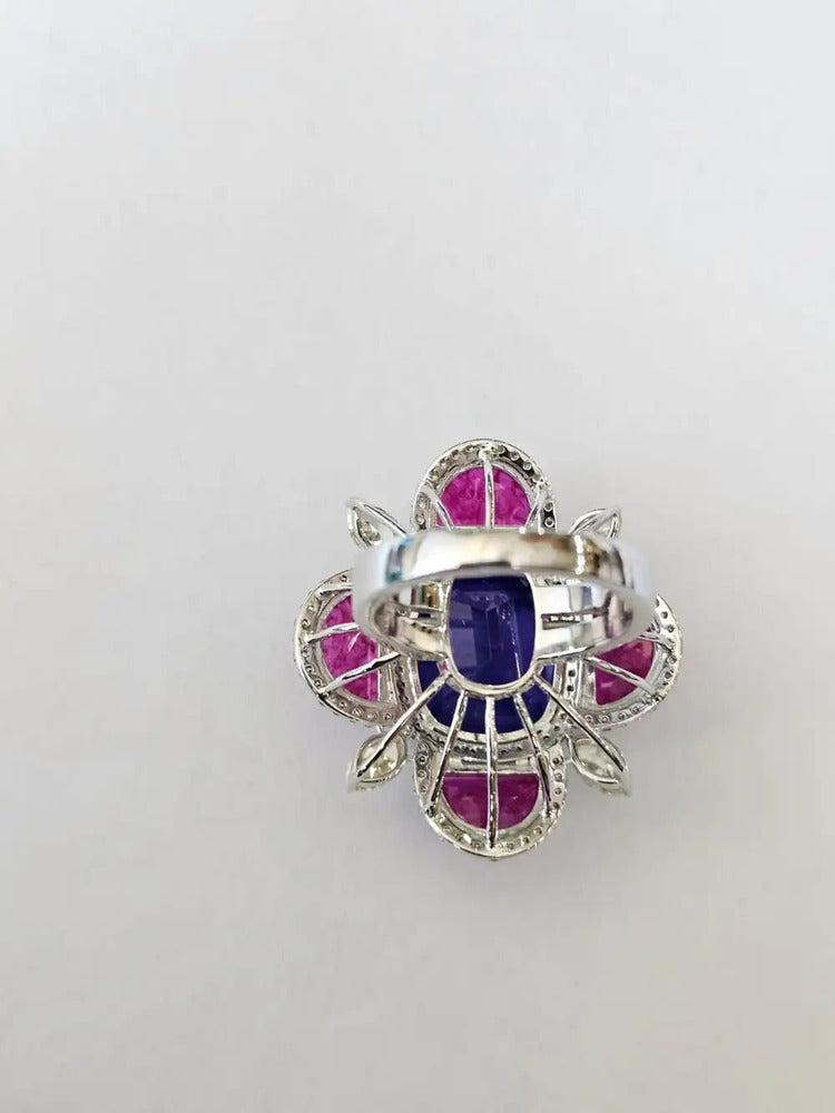 18k White Gold Diamond Cocktail Ring - Natural Tanzanite & Mozambique Ruby Handmade Ring