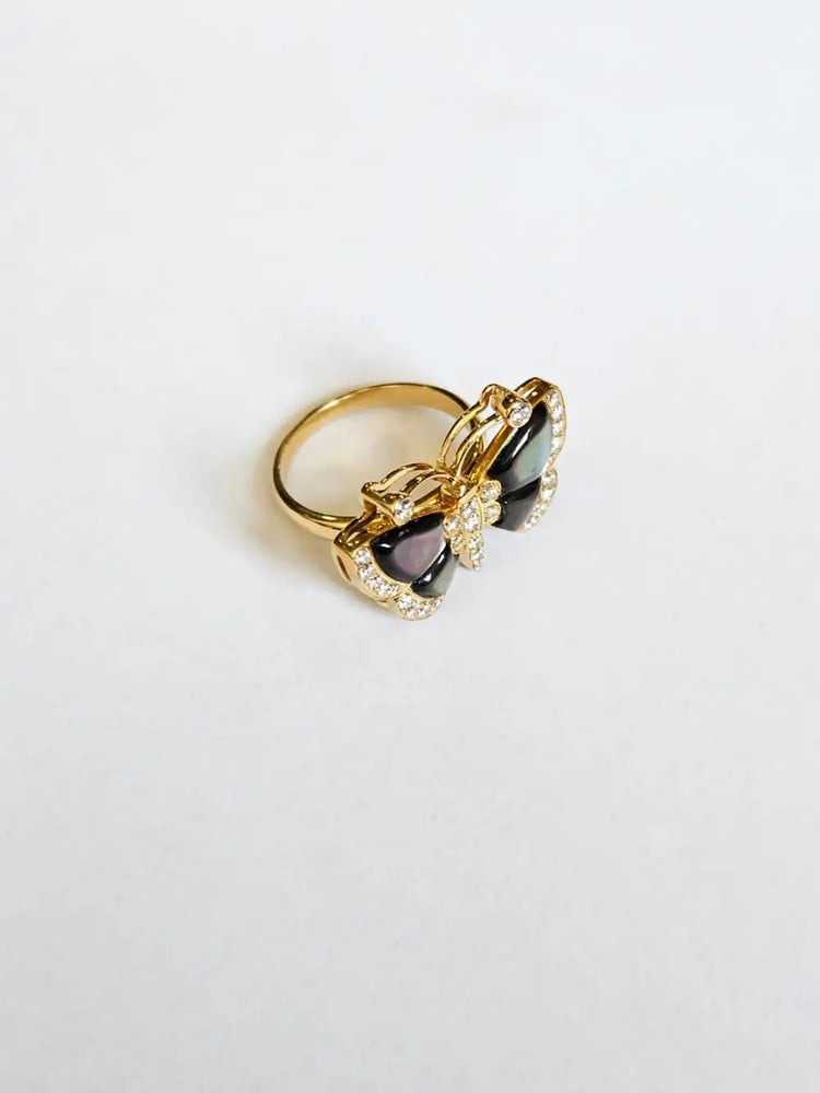 Mother Of Pearl Butterfly Ring - 18k Yellow Gold Diamond Engagement Ring